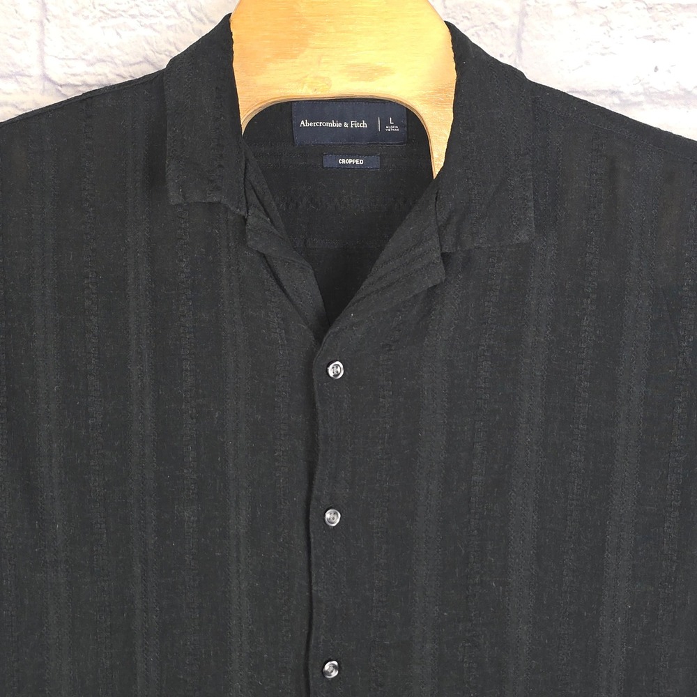 Abercrombie & Fitch Men Button Up Black Cropped Linen Blend Stripe Shirt Large